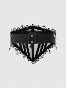 ROMWE Goth 1-Piece Women's Black Mesh Lace Edge Double Chain Skull Cross Decoration Dark Style Punk Style Waist Seal Waist Dress Jeans Accessories Daily Versatile Gift Giving First Choice - Black Skull Cross Chain Waist Seal - View 3