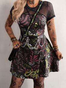 Whyspr Large Size Women's New Round Neck Retro Casual College Fashion Dark Punk Style Fashion Print Splicing Mesh Star Ribbon Decoration Large A-List Short Sleeved Dress, Suitable For Daily Wear, Office, Thanksgiving, New Year Dance, Vacation, Back To School Holiday Clothing, Birthday Parties, Music Festivals, Romance Festivals, Spring And Summer Women's Clothing Spring And Summer+Coachella/ Music Festival/ Party - Multicolor - View 5