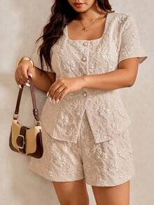 Elaquor 大码优雅提花衬衫短裤两件套，夏季女装两件套，休闲度假套装，夏季女装套装，女士夏季套装，女士办公室着装，女士工作服，女士正式着装，优雅女士套装，夏季女装 - 杏色 - 查看 6