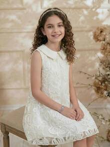 Elladie kids Young Girls White Dress,Elegant Flower Girl Wedding Princess Style,Sleeveless Peter Pan Collar 3D Floral Pattern A-Line Midi Dress For Summer Party - Apricot - View 6