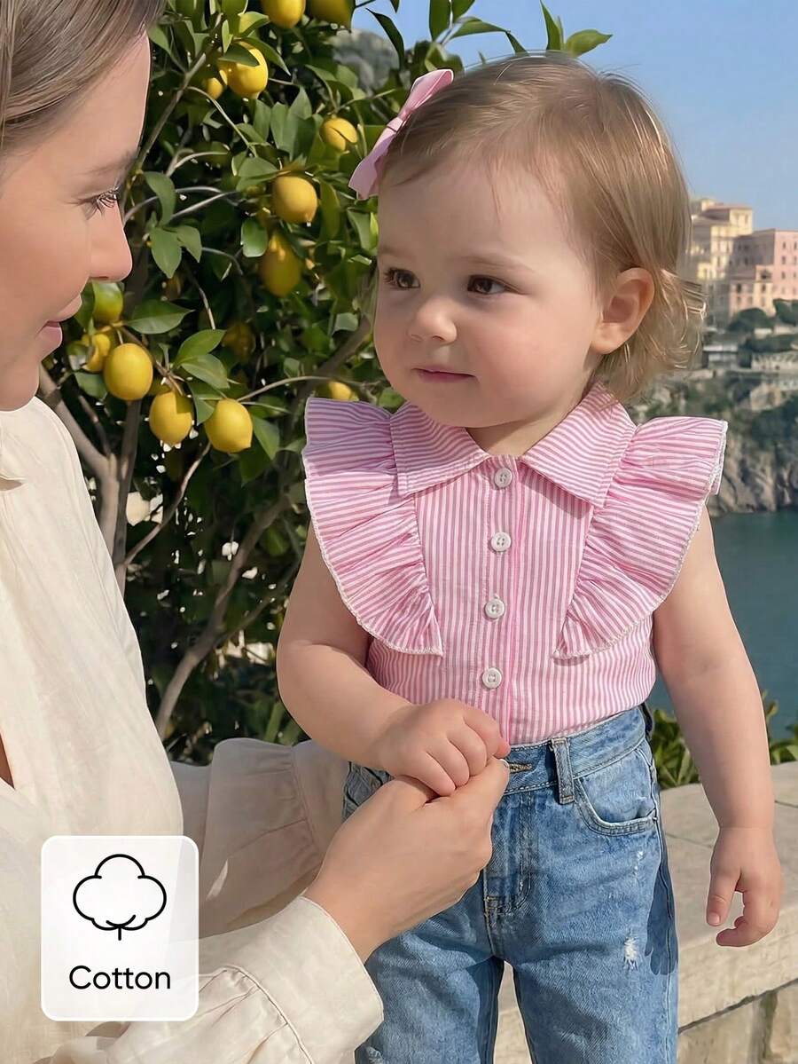 SHEIN 女婴荷叶边不对称短袖条纹衬衫，夏季 - 粉色 - 查看 1