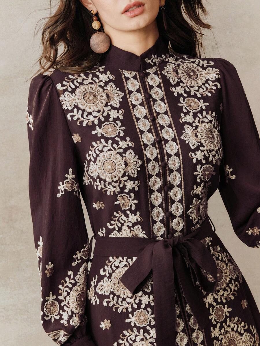 Anewsta 紫色V领花瓣袖花卉刺绣腰带优雅复古连衣裙，适合女士，春夏款 - 紫色 - 查看 1