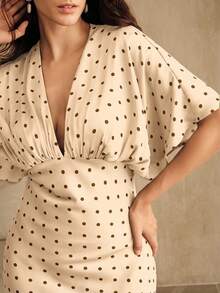 Anewsta New V-Neck Ruched High Waist Fitted Purple Dress, Wedding Guest Dress, Suitable For Autumn, Fall, Spring, Going Out, Elegant, Formal, Party, Chic, New Year, Christmas, Graduation - Apricot - View 2