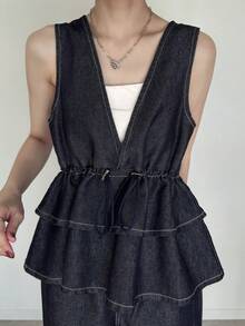 FRIFUL Women's Sleeveless Layered Ruffle Hem Tank Top And Wide Leg Elastic Waist Jeans Casual Suit, Suitable For Urban Leisure Wear - Blue - View 7