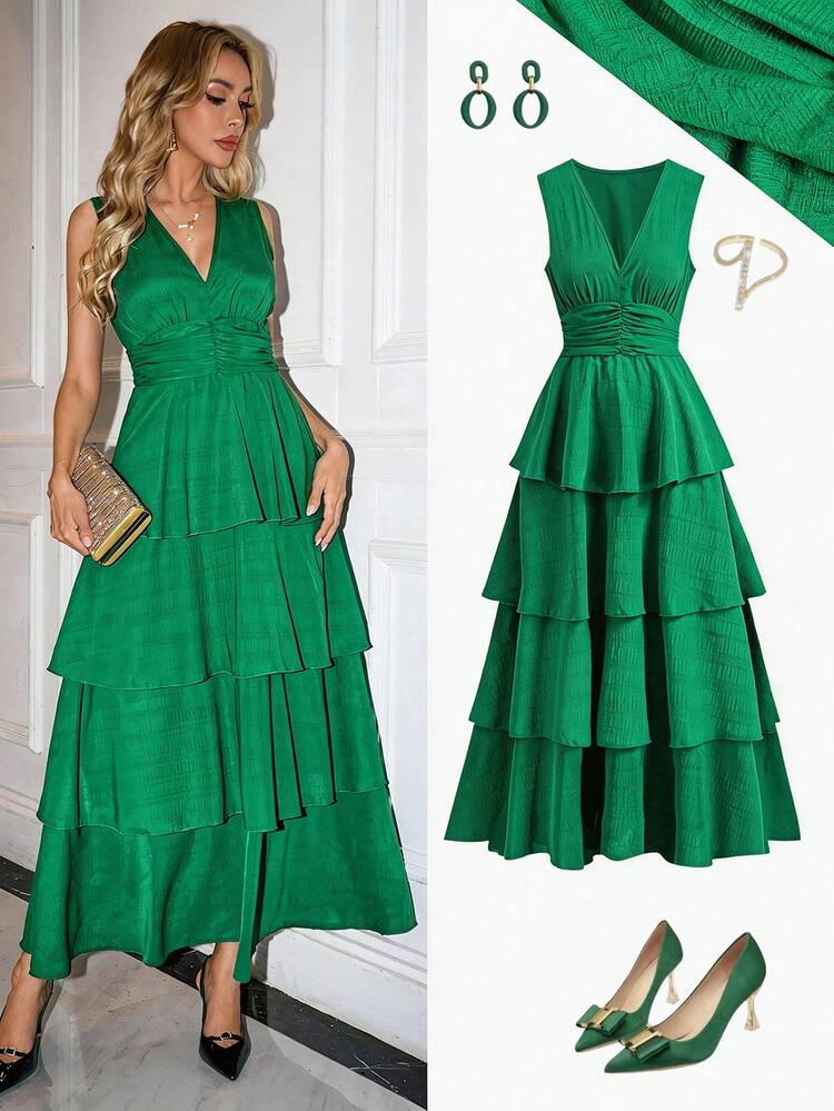 Ellevyn 女士纯色V领褶皱下摆无袖优雅连衣裙 - 綠色 - 查看 3