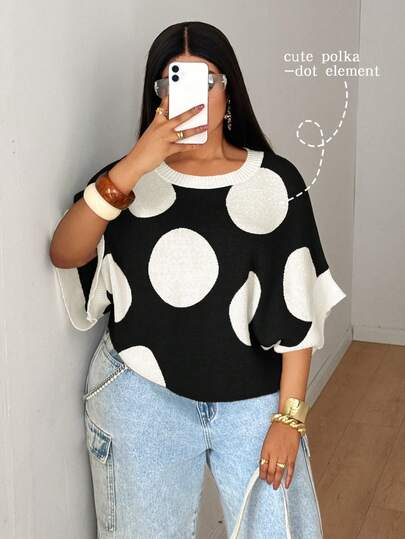 Maweii 女士黑色休闲复古波点撞色宽松加大码套头毛衣，适合春夏日常、通勤、海滩穿着，圆领针织衫，波点上衣，最新款女士休闲时尚上衣