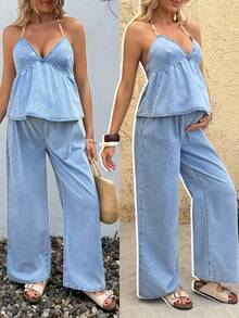 SHEIN 孕妇荷叶边吊带背心和阔腿牛仔裤两件套 夏季嘉年华服装 通勤 度假 毕业典礼 时尚 Y2K 可爱街头风 妩媚派对 婚礼 优雅 商务休闲 女士浅蓝色牛仔荷叶边吊带上衣和阔腿裤两件套 - 藍色 - 查看 1
