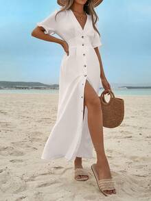 RueChic Solid Color Ruffle Trim Dress For Women, Button Front - White - View 4