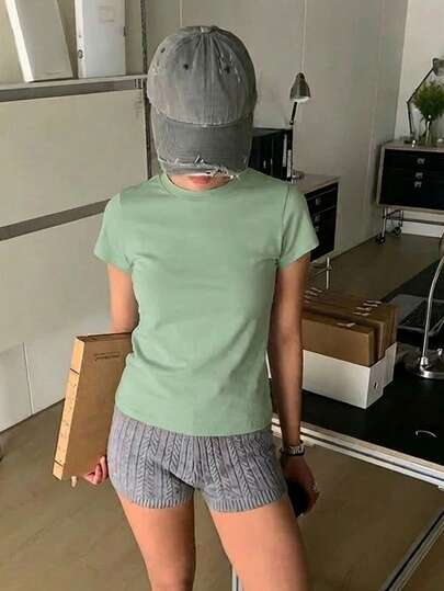 Fluxe Casual Solid Color Knit Crew Neck Short Sleeve Loose Versatile Women T-Shirt Sage Green Outfits Women Green Clothes  Sage Green Top,Summer Outfits,Summer Clothes,Spring Outfit Women,Party Outfit,Beach Outfits For Women,Beach Outfits,Casual Sets For Women,Vacation Outfits Women,Beach Vacation Outfits For Women,Summer Holiday Outfits,Women's Sportswear,Workout Sets For Women,Summer Top,Green Top