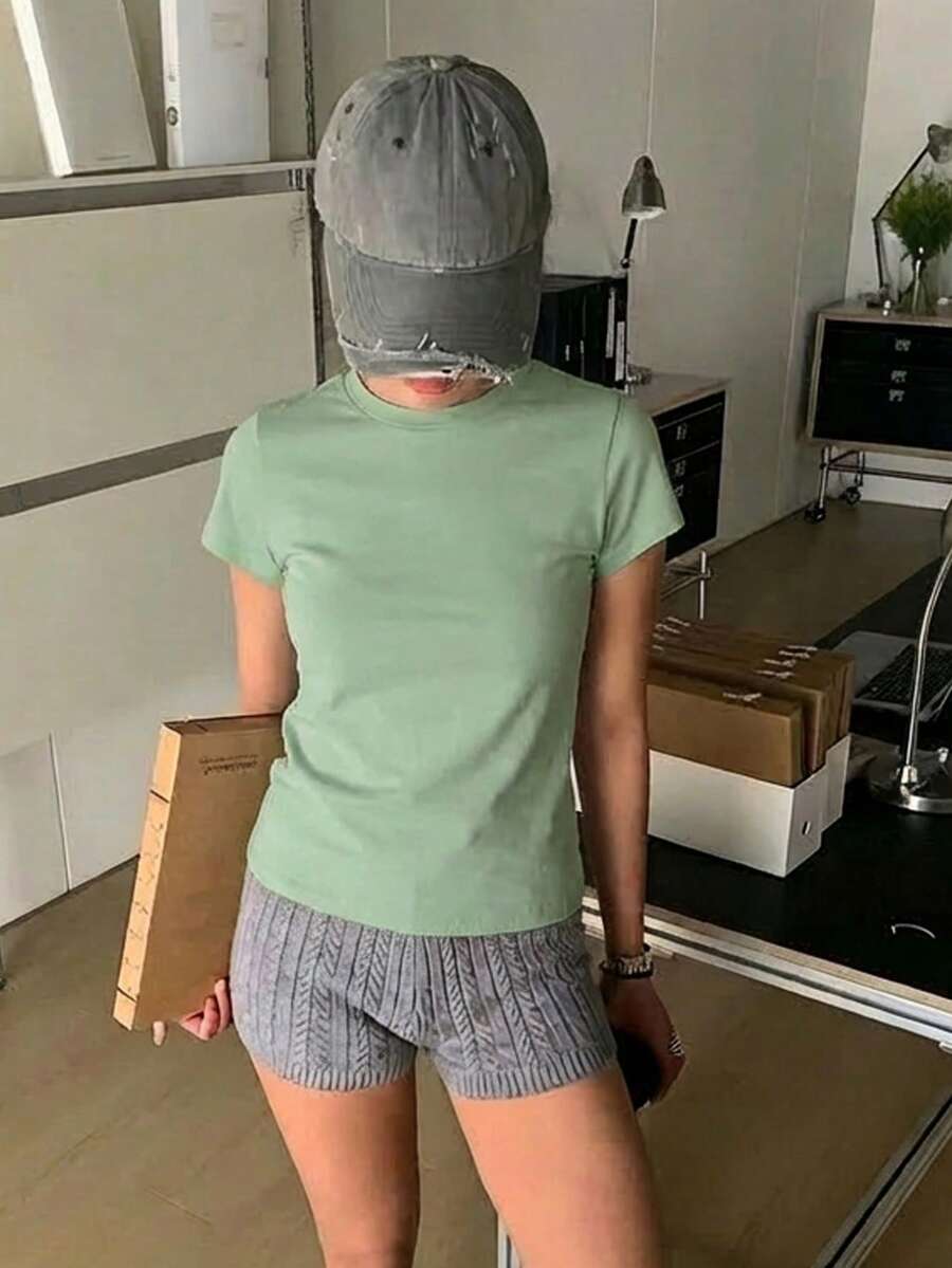 Fluxe 休闲纯色针织圆领短袖宽松百搭女式T恤