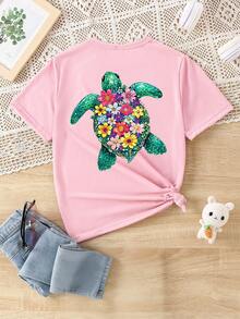 Camiseta corta negra casual con estampado gráfico de tortuga marina, concha marina y estrella de mar, de uso diario cómodo para niñas, para primavera y verano - Rosa - Ver 4