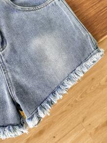 Tween Girl Cute Bow Embroidered Denim Sleeveless Vest And Shorts Set,Light Blue,Summer,Casual,Vacation,Soft Cotton Fabric,Asymmetric Hem,Ripped Cuffed - Medium Wash - View 9