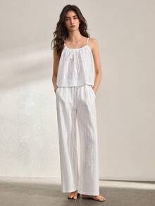 Ocili Quần dài rộng rãi, thoải mái, kiểu bohemian, chất liệu cotton mềm mại, có dây rút, thích hợp cho mùa thu. Bộ đồ ngủ nữ mùa thu thoải mái và thanh lịch này có dây rút. - trắng - Xem 5
