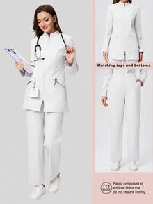 Scrubzie Bộ đồng phục y tế nữ 2 món: áo khoác dài tay chống nhăn và quần dài. - trắng - Xem 1