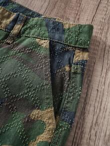 Manfinity Joysei Men's Summer Camouflage Diamond Crochet Cargo Denim Shorts, Loose Wide Leg - Army Green - View 3