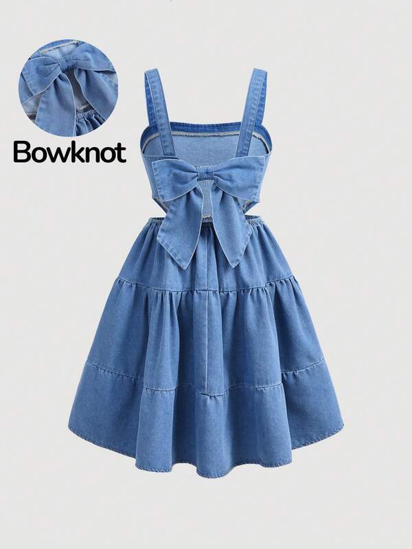 SHEIN Vestido de mezclilla azul con lazo grande tridimensional y espalda descubierta, estilo Y2K vintage, casual, cómodo y cool, para niña preadolescente, ropa diaria, primavera-verano, rave, festival y streetwear, nueva moda SS26