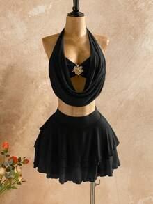 Soleia Women's Sunset Ombre Plunging Neckline Floral Metal Buckle Tie Blouse + Multi-Layer Ruffle Hem Mini Skirt 2-Piece Set, Casual Vacation Beach Cruise Holiday Outfit, Suitable For All Seasons, Music Festival, Boho Vacation - Black - View 8