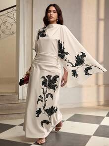 ZEYLAH Abito elegante con stampa, manica corta e spalla scoperta - Beige - Visualizzare 5