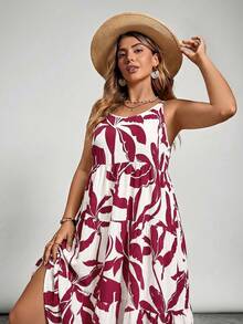 SHEIN VCAY Plus Size Women Tropical Plant Print Ruffle Hem Casual Slip Dress - Burgundy - View 6