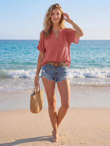 Sylviya 女士纯色简约短袖衬衫，休闲日常穿搭，女士休闲装扮，女士夏季穿搭，女士上衣和衬衫，女士夏季沙滩装，女士夏季沙滩装，女士保守款上衣，女士沙滩装，女士夏季休闲上衣 - 紅木色 - 查看 4