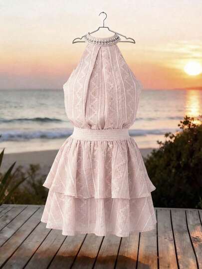 GlowEve Pink Sleeveless Top With Pearls And Elegant Cake Skorts, Vacation/Holiday/Birthday/Valentine's Day Outfit, Sweet Lace Jacquard 2-Piece Set For Women, Summer