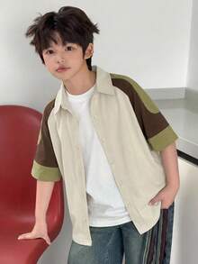 Dazy Kids 男童撞色插肩短袖单排扣休闲宽松T恤 夏季 - 卡其色 - 查看 5