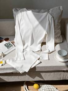 SHEIN EZwear 女士夏季休闲长袖上衣和短裤两件套，白色 - 白色 - 查看 6