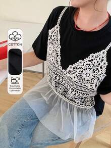 Dazy Plus Plus Size Summer Casual Colorblock Lace Patchwork T-Shirt - Black - View 1