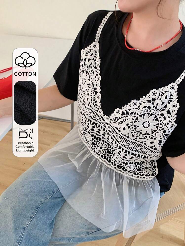 Dazy Plus Camiseta de talla grande de verano informal con bloqueo de color y parches de encaje - Negro - Añade 1