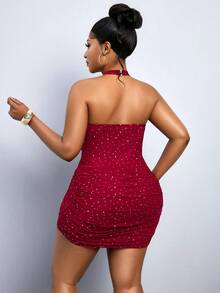 SHEIN PETITE CURVE Plus Size Women Solid Color Rhinestone Pleated Sexy Halter Dress Bling Dress Red Sparkly Dress Night Club Dress Red Rhinestone Dress - Red - View 2