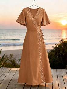 Breezaya Women's Yellow Embroidered V-Neck Dress,Short-Sleeved Boho Crossover Tie-Waist Adjustable Ruffled Summer Holiday Beach Vacation,Beige Country Style - Orange - View 4