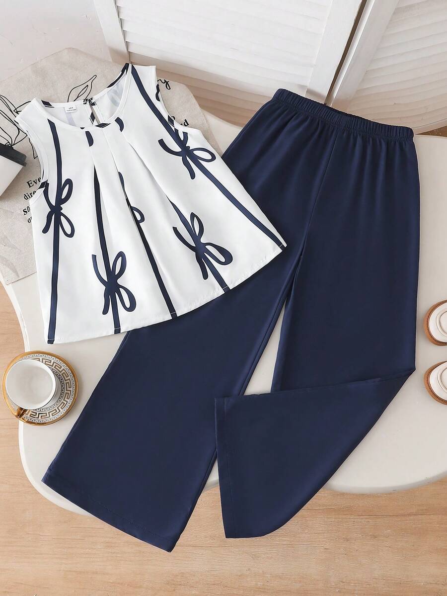 2pcs/Set Tween Girl Stylish Blue Striped Bow Sleeveless Top And Loose Straight Leg Pants Set, Casual Outfit For Spring/Summer - Navy Blue - View 1