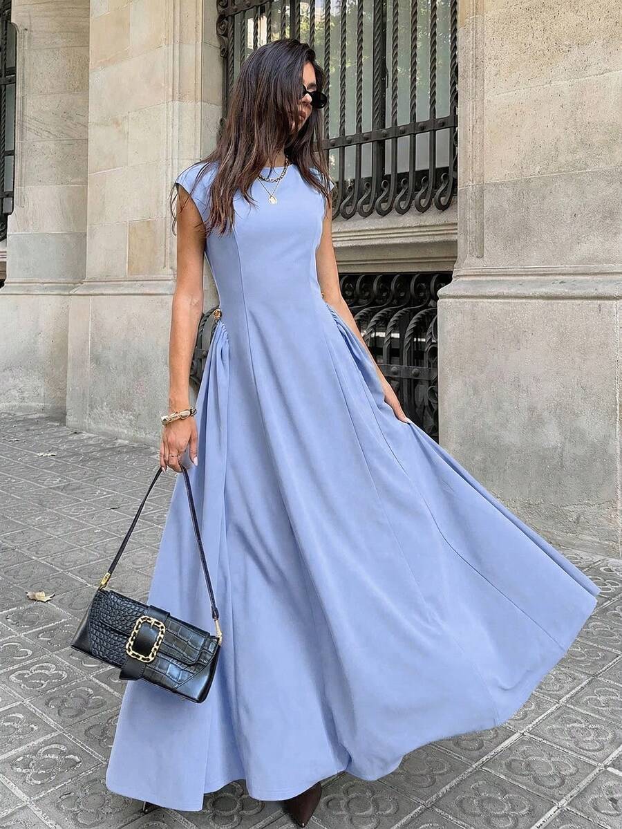 Aloruh Women's Dress, Blue Maillard Color Tone, Fashionable Elegant Modern Boat Neck Cap Sleeve Umbrella Dress,Summer Dresses For Women - Baby Blue - View 1