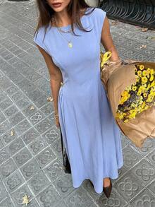 Aloruh Women's Dress, Blue Maillard Color Tone, Fashionable Elegant Modern Boat Neck Cap Sleeve Umbrella Dress,Summer Dresses For Women - Baby Blue - View 6