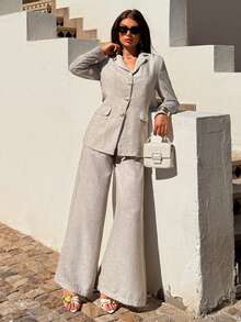 EURMUSE Traje de chaqueta y pantalones de unicolor casual para ir al trabajo - Marrón Mocha - Ver 6