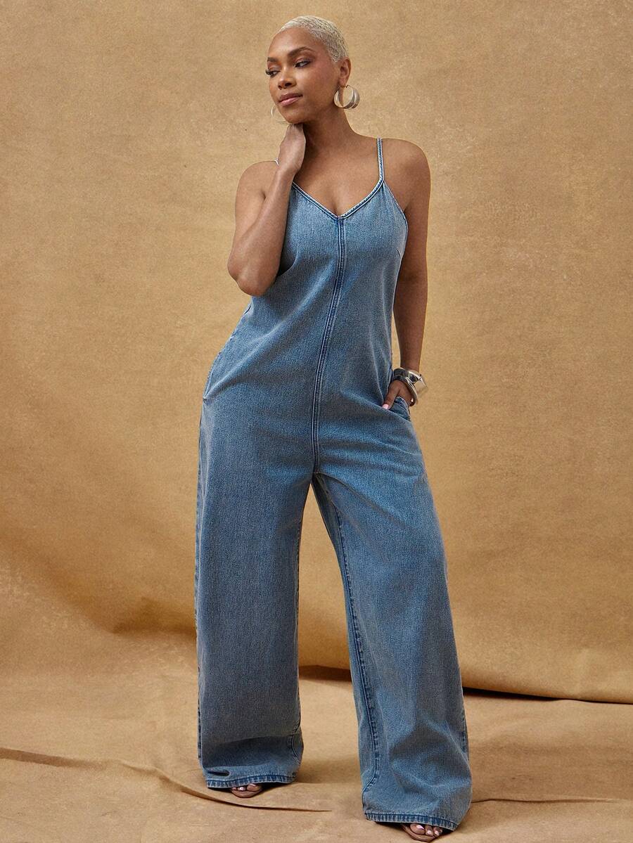 Vixey Adjustable Cami Strap Wide Leg Denim Jumpsuit With Pockets - Medium Wash - View 1