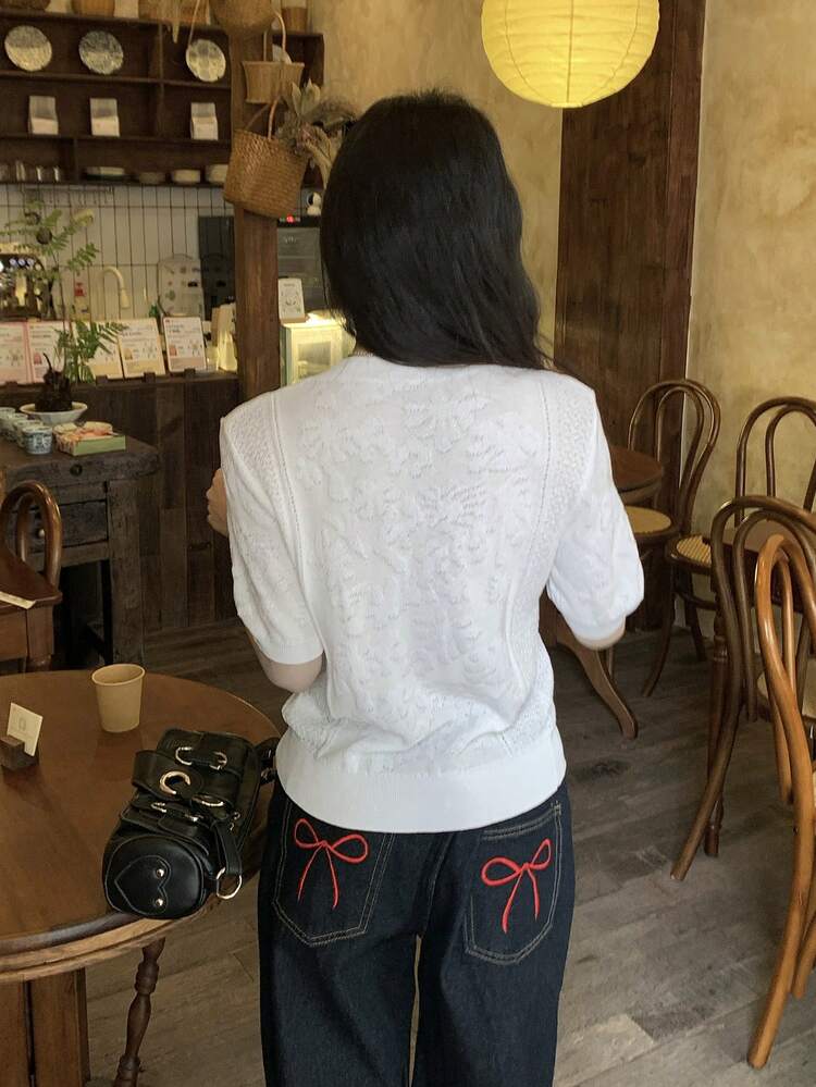 Women's Solid Color Gathered Ruffle Trim Jacquard Round Neck Short Sleeve Casual Vacation Lightweight Knit Top Summer