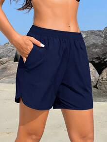 Swim Vcay Women's Solid Color Pocket Casual Beach Shorts - Navy Blue - View 2