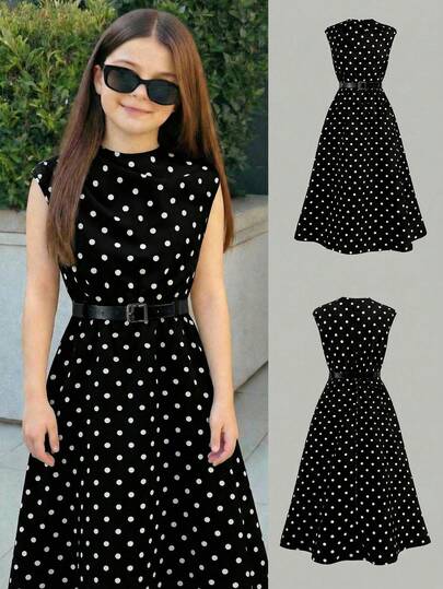 Firerie Kids Firerie Kids Tween Girl Casual Everyday Fashion Commute Sleeveless Black & White Waist Cinched A-Line Dress With Belt,Kids