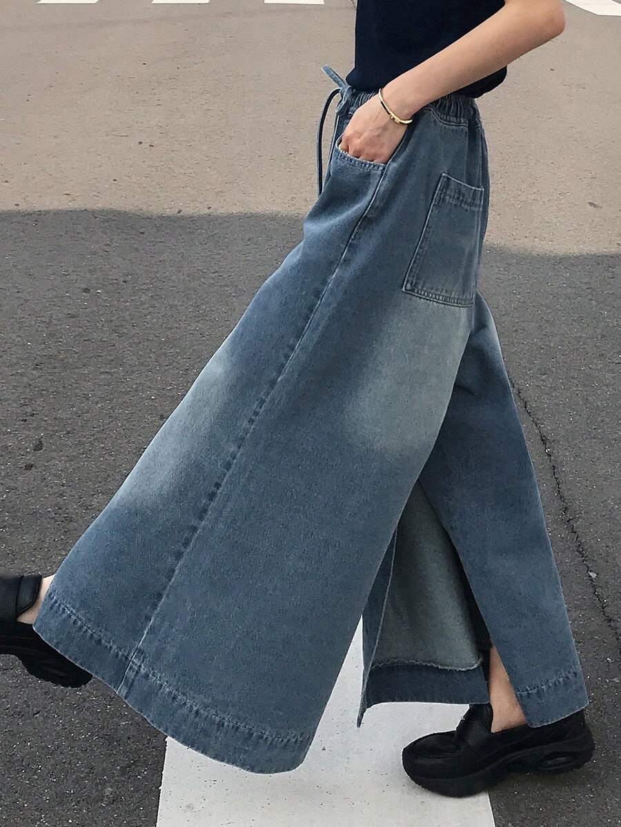 FRIFUL Quần jean ống rộng bằng cotton thắt eo dành cho nữ - Màu xanh lam - Xem 1