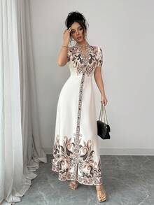 SHEIN Elenzya 杏色深V领收腰数码印花拼接优雅A字连衣裙，适合女士正式晚宴、约会、婚礼等场合（含定位花饰） - 杏色 - 查看 5