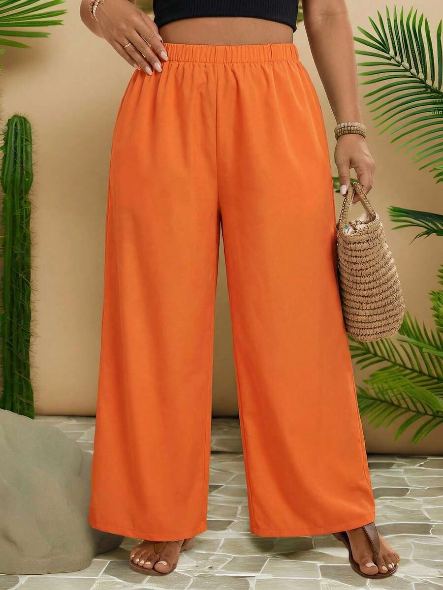 Travachic Plus Size Solid Color Loose High Waist Straight Leg Pants, Casual Suitable For Daily Wear - Orange - View 1