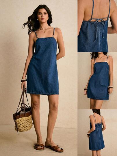 Poéselle Women's Solid Color Beaded Camisole Casual Versatile Denim Dress