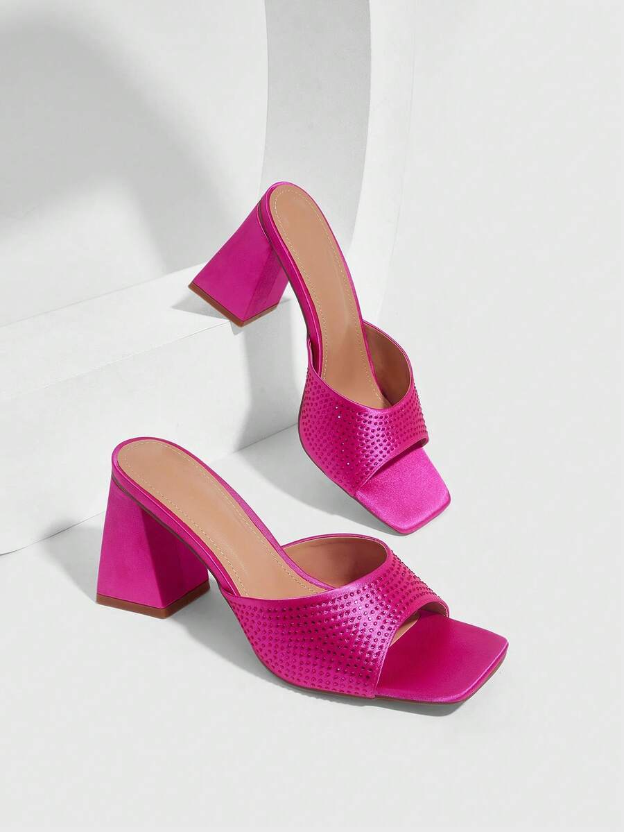 CUCCOO SZL 女鞋 新款简约时尚高跟鞋 配色布艺粗跟 特殊鞋跟 方头水钻性感百搭 通勤 节日 春夏 四季 职场 派对 约会 街头时尚 经典凉鞋 优雅气质 女鞋 舞会高跟鞋 夏季鞋 - 玫瑰紅 - 查看 1