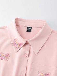 SHEIN Franclia Áo sơ mi nữ dài tay cổ bẻ màu trơn thanh lịch, trang trí hình bướm 3D, kiểu dáng sang trọng. - Hồng - Xem 8
