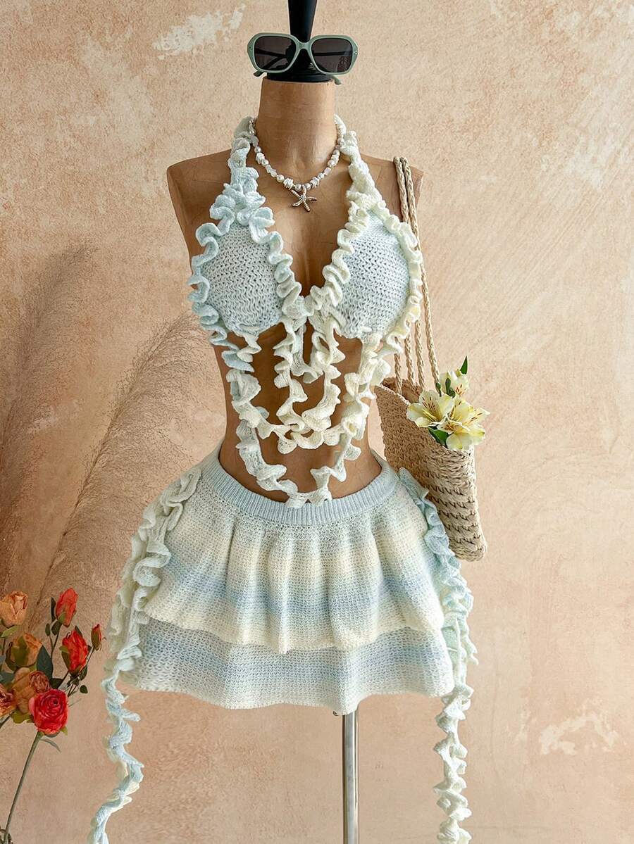 Soleia Women's Frill Trim Knit Halter Top And Double Frill Trim Knit Midi Skirt Set - Multicolor - View 1