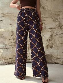 MOTF PREMIUM WOMEN'S LINEN ALL OVER PRINTED PANTS, SPRING/SUMMER - Navy Blue - View 5