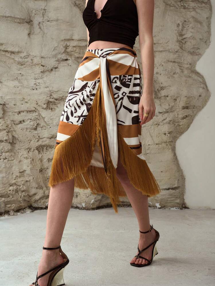 WOMEN'S PRINTED TASSEL HEM MIDI SKIRT, SPRING/SUMMER