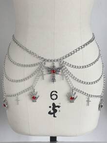 ROMWE Goth 一件式女士银眼十字饰品装饰暗黑朋克风三层腰链连衣裙牛仔裤配饰日常百搭 - 眼睛十字架腰鏈 - 查看 5