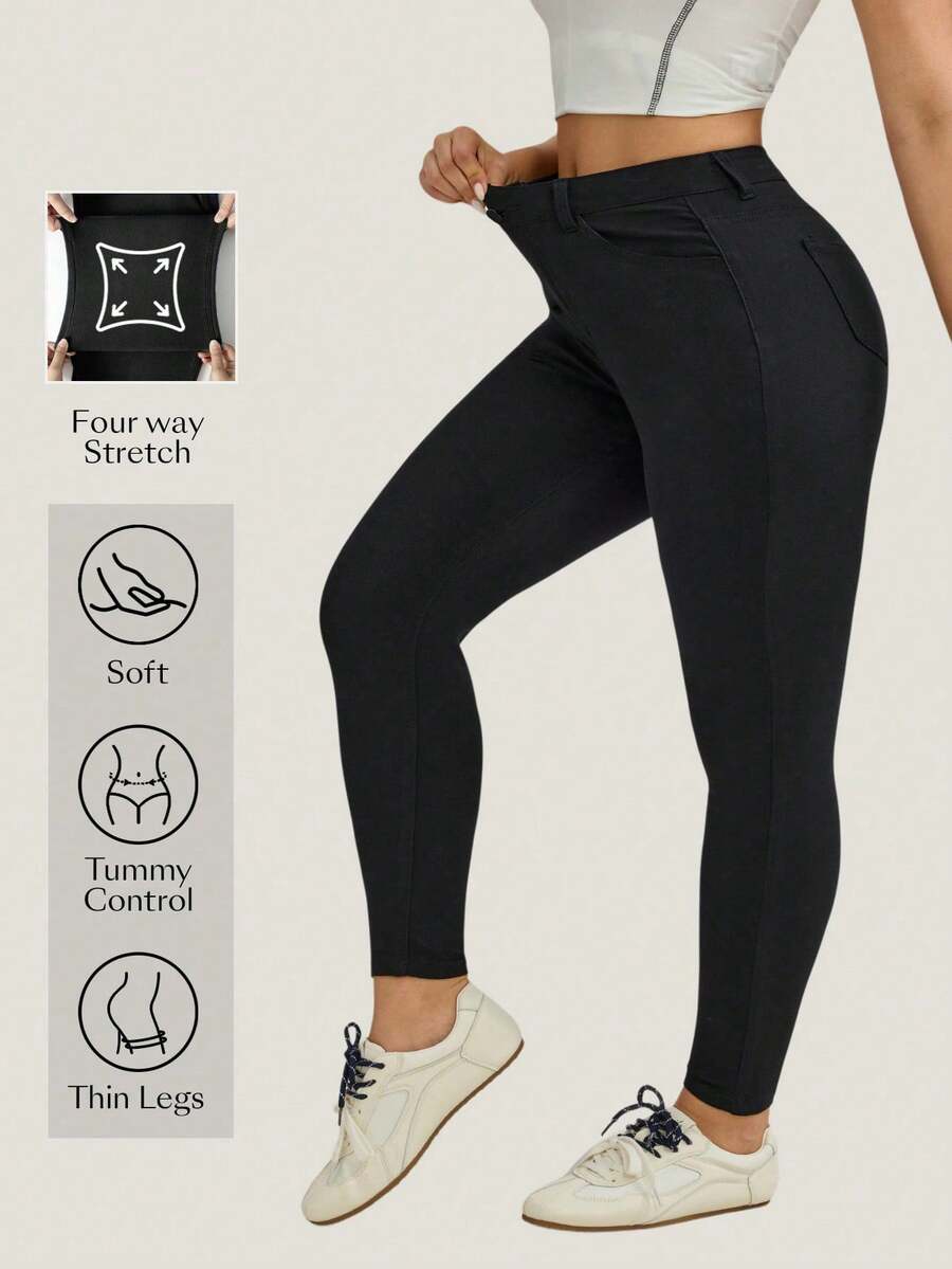 EMERY ROSE Plus Solid Skinny Ankle Pants Women Spring Summer Pant - Black - View 1